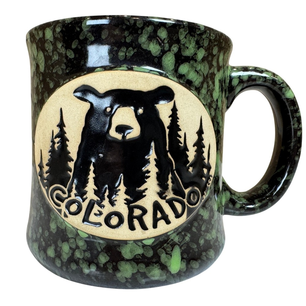 Colorado Black Bear Coffee Mug Green Speckled Glaze Ceramic Nature Souvenir Cup